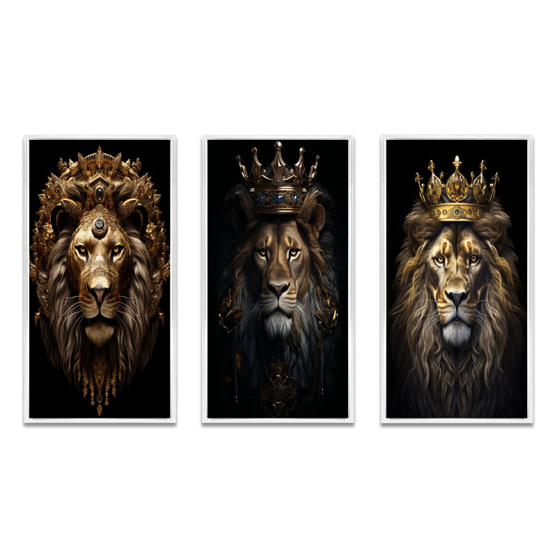 3 pièces sur toile - Roi lion majestueux avec couronne dorée, Cadre blanc, H 32 po x l 48 po