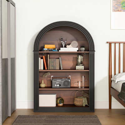 Grande bibliothèque arquée en bois noire à 4 tablettes de 45,66 po à 4 tablettes, au design moderne et classique, avec trousses pour couleur familiale, matériau stable, chambre de rangement polyvalente, style rétro