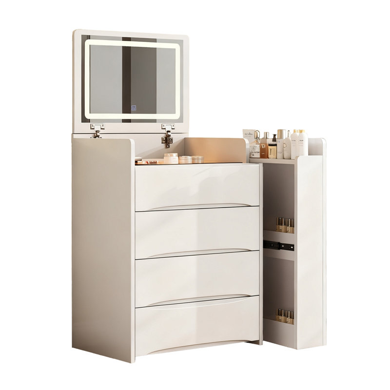 Bureau de coiffeuse à miroir 3-en-1 avec lumières et rangement, coiffeuse à maquillage avec DEL réglable, plateau coulissant latéral et tabouret, meuble peu encombrant pour la chambre à coucher