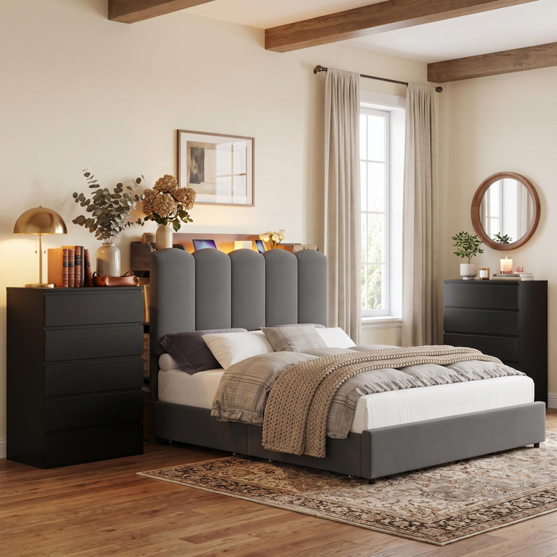 Ensemble de chambre à coucher 3 pièces comprenant un lit à DEL, 2 tiroirs sous le lit et une commode à 5 tiroirs (2 pièces).