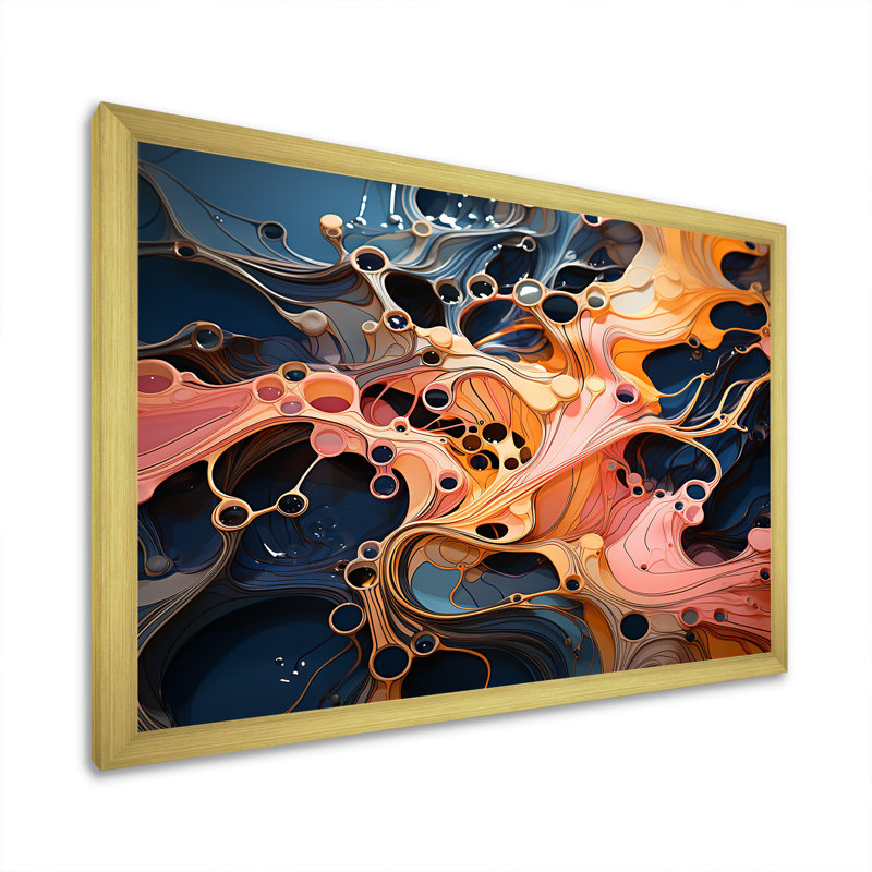 Encre rose et orange, vagues, mélodie - encre liquide, art mural abstrait, Cadre d'angle fermé doré