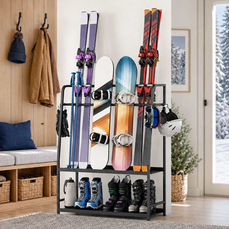 Freestanding Ski Rack, Snowboard Storage Rack with Gear Organizer