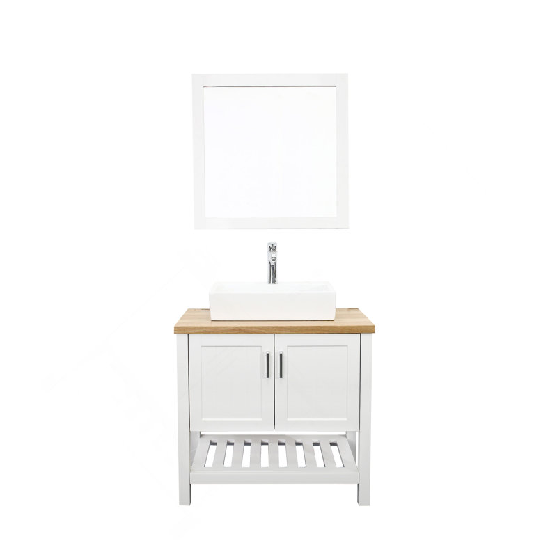 Meuble-lavabo 32 po avec lavabo, meuble-lavabo simple avec portes et tablette ouverte, petit meuble-lavabo en bois massif avec lavabo, blanc + naturel