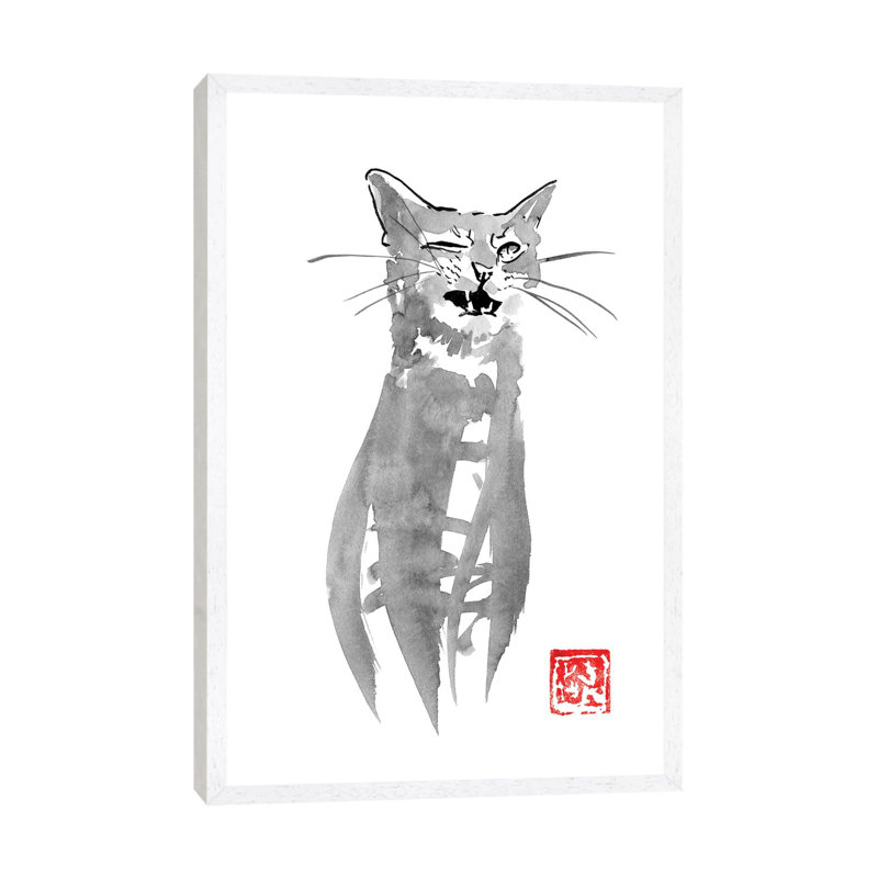 Blinking Cat by Péchane - Painting on Canvas, 66.04 cm H x 45.72 cm W, White Framed