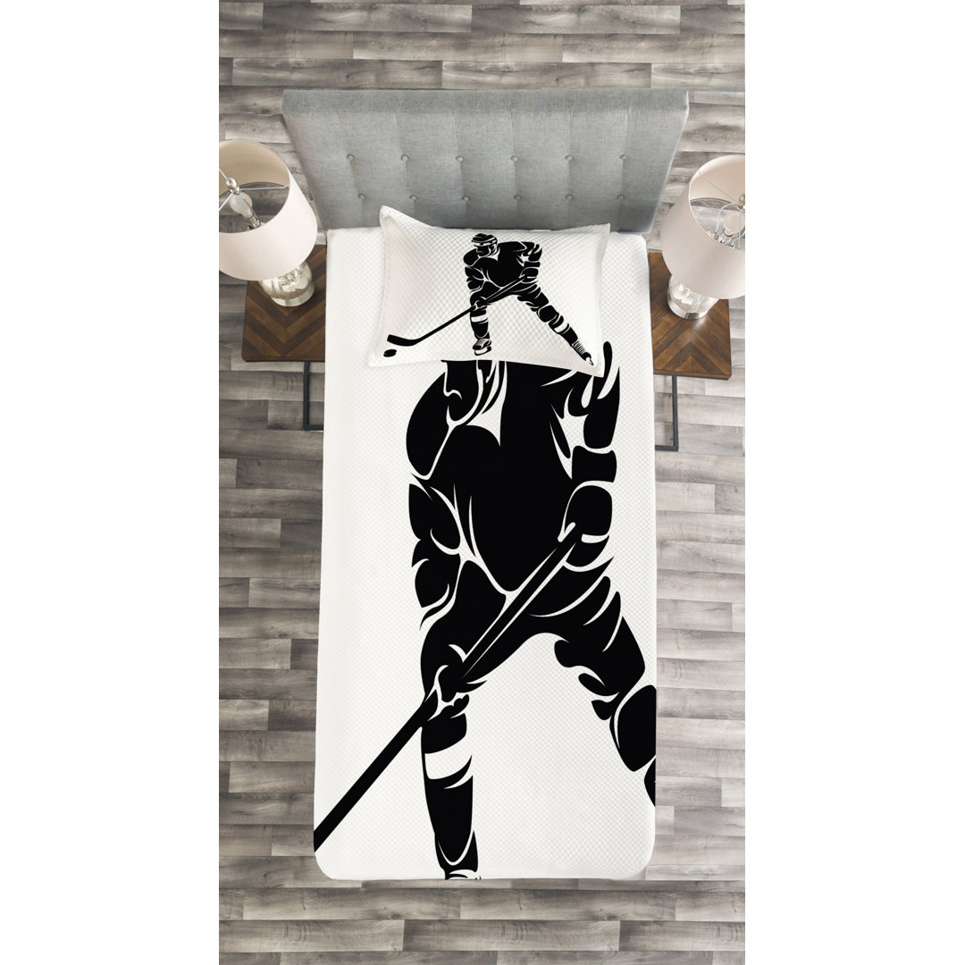 Gestepptes Bettdecken-Set, Schwarz Silhouette Spiel, Eishockey, Weiß Schwarz