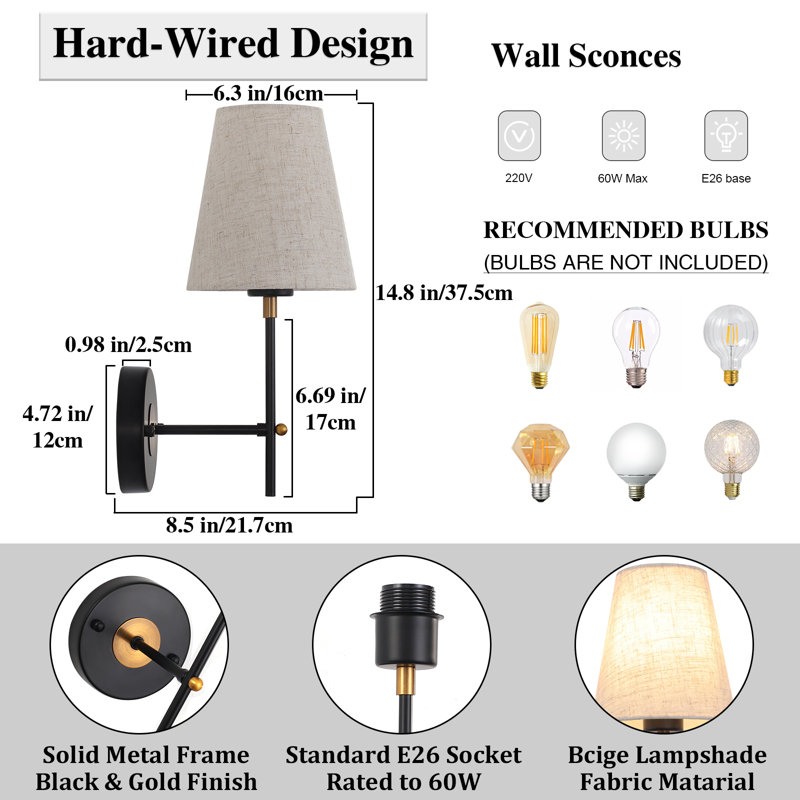 1 - Light Rustic Bath Sconce Wall Light With Linen Beige Fabric Lampshade, Modern Wall Sconces For Toilet, Hallway, Staircase