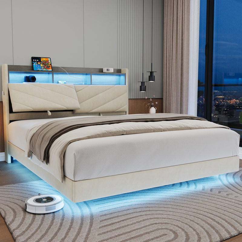 Sharwin LED Upholstered Bed Frame Floating Bed Frame With Storage Headboard, Queen