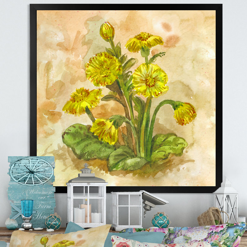 Fleur de printemps jaune en fleurs - Tussilago, Toile avec cadre noir, H 16 po x l 16 po x P 1 po