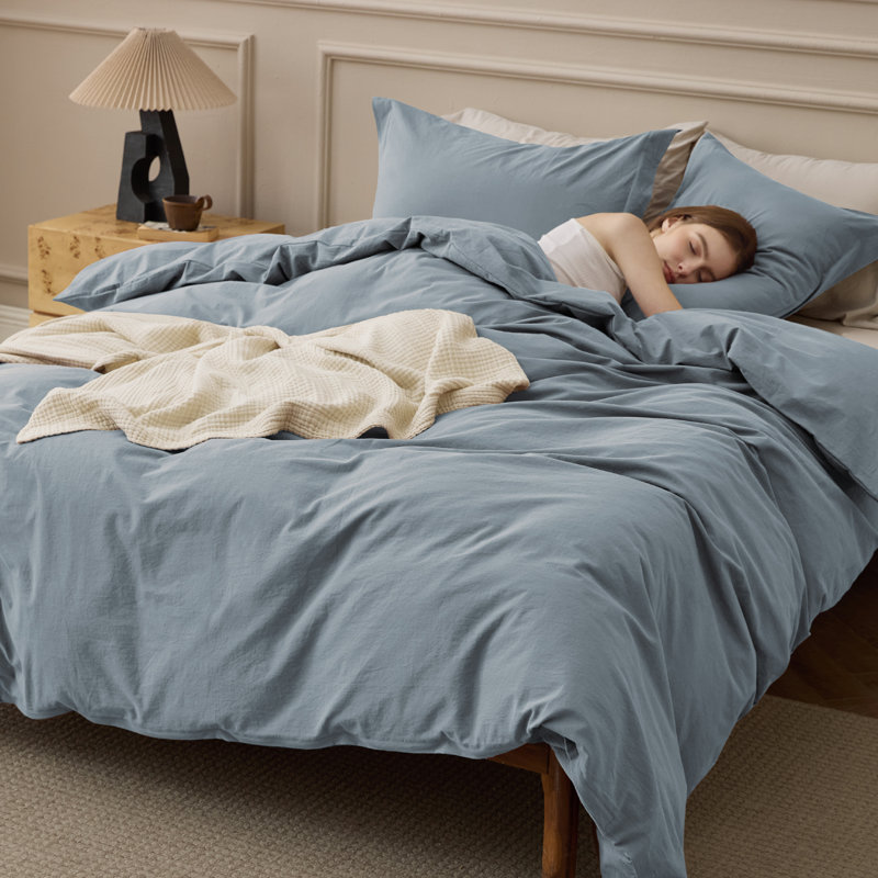 Bedsure 100% Washed Cotton Duvet Cover King Set - Minimalist Cotton Beding Set For All Season（set of 3）, Grayish Blue