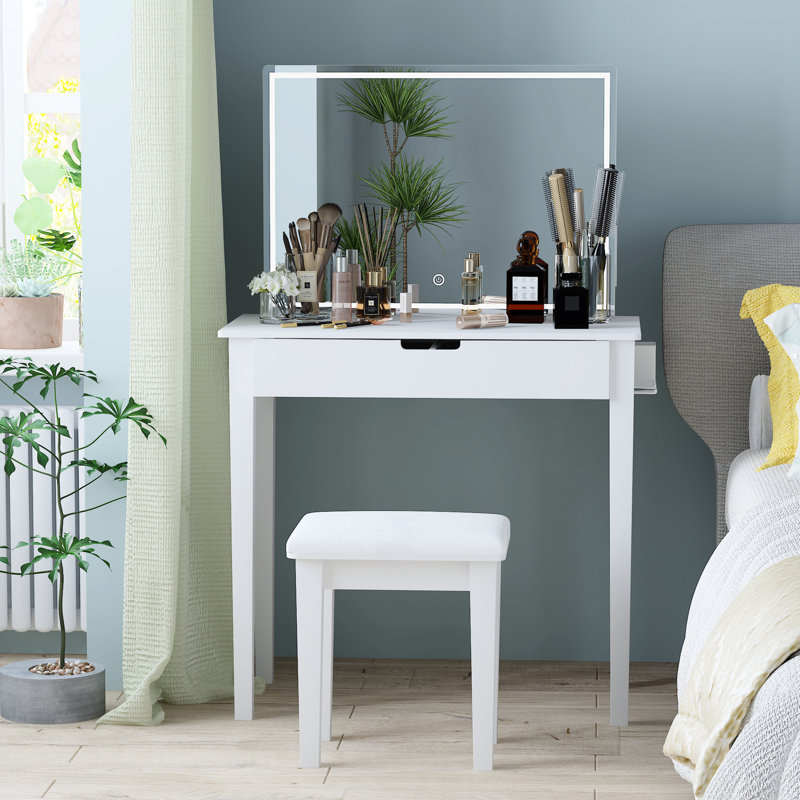 Bureau de meuble-lavabo avec 1 tiroir de rangement: DEL à intensité variable, blanc, miroir de table de meuble de chambre à coucher et rangement pour cosmétiques, blanc