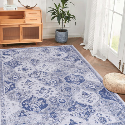 Tapis 5X8 bleu lavable, antidérapant, pour chambre à coucher, couloir, cuisine, salon et animal de compagnie
