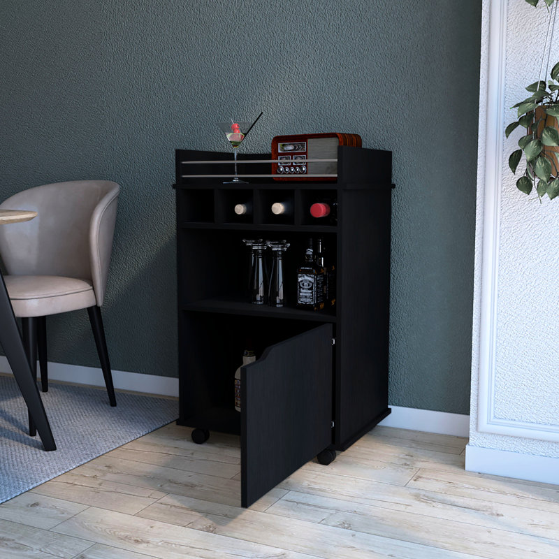 Chariot-bar noir à 1 porte pour la maison avec plusieurs tablettes et 4 porte-bouteilles intégrés, Noir