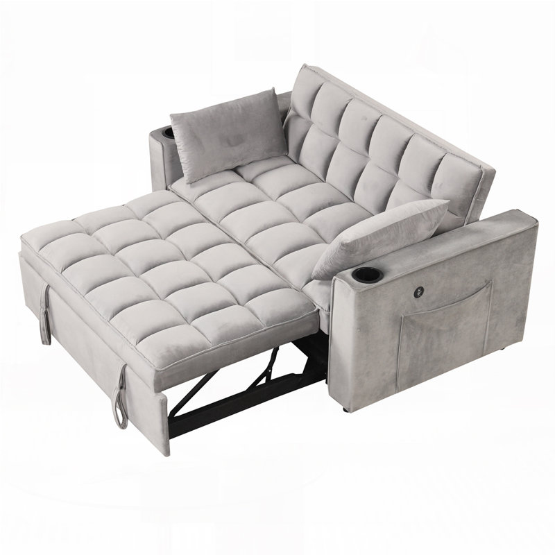 Larmon Modern Sleeper Sofa, Convertible Sofa, 3-In-1 Bed Pull Out Couch Pull Out Sofa, Gray Velvet