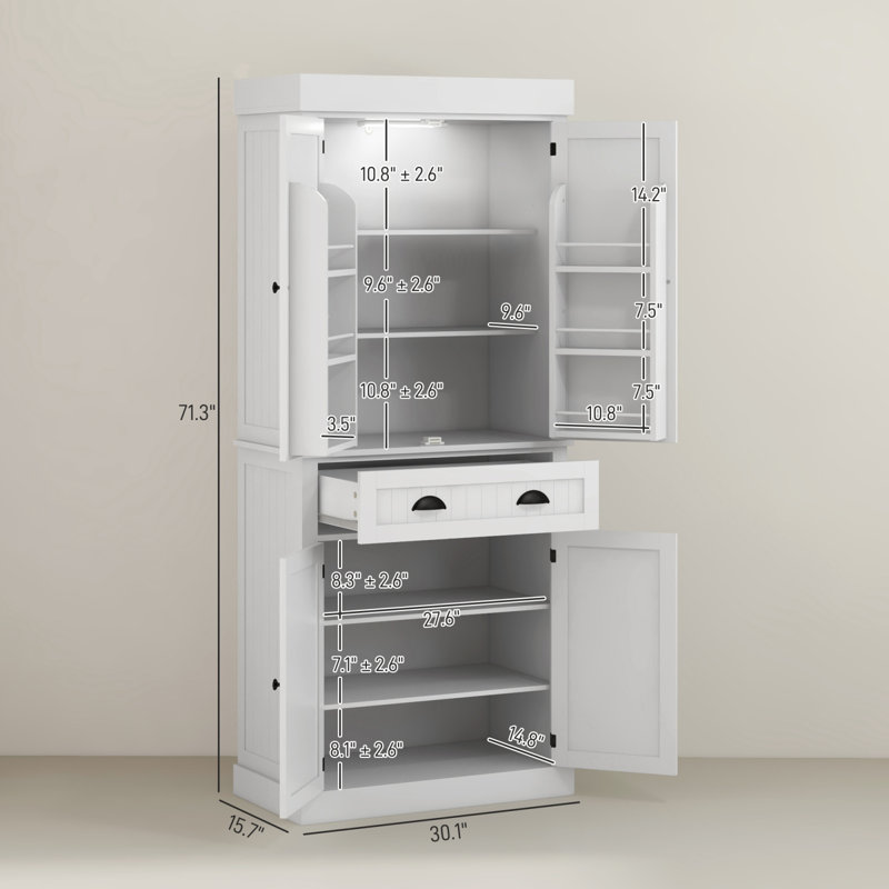 Armoire de cuisine avec lumières DEL, 6 tablettes de porte, un tiroir et 4 tablettes réglables, pour votre maison, Blanc