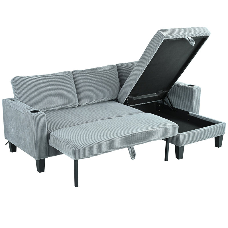 Reversible Sectional Sofa With Storage Chaise, Gray Corduroy