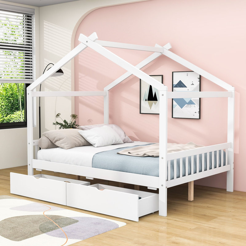 Mccurtain Full Size 2 Drawers House Platform Bed with Headboard, White