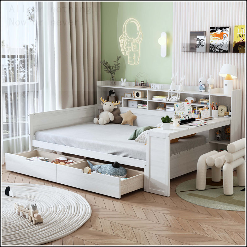 Lit de jour en bois avec tablettes de rangement, tiroirs et bureau d'étude, Lit simple, Naturel