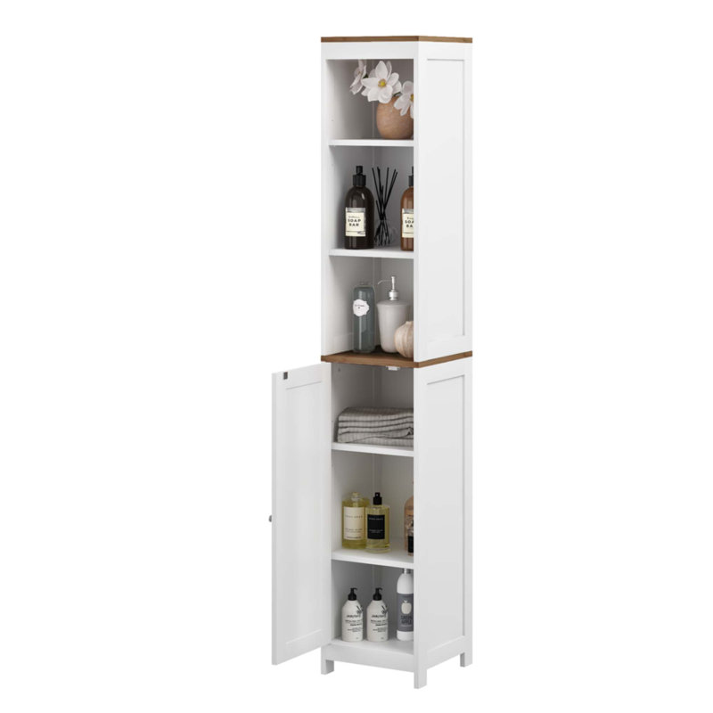 Tall Bathroom Storage Cabinet With Reversible Door, Freestanding Linen Tower With Open Shelves And Enclosed Cabinet, Narrow Floor Cabinet Organizer For Bathroom, Laundry Room Or Small Spaces – White
