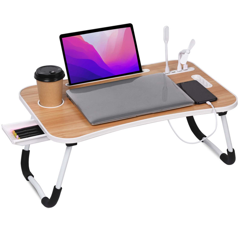 Bureau d'ordinateur portable, table d'ordinateur portable pliable avec port de charge USB, porte-bloc-notes, tiroir de rangement