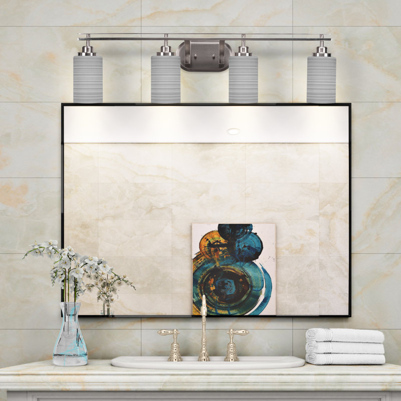 Barre d'éclairage de salle de bain 4 lumières Aleijah avec verre matriciel gris 4 po, Nickel brossé, Gris
