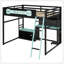 Lit mezzanine double en bois avec bureau, tablettes, lumières DEL, ports USB et panneau perforé, noir et bleu-129747079