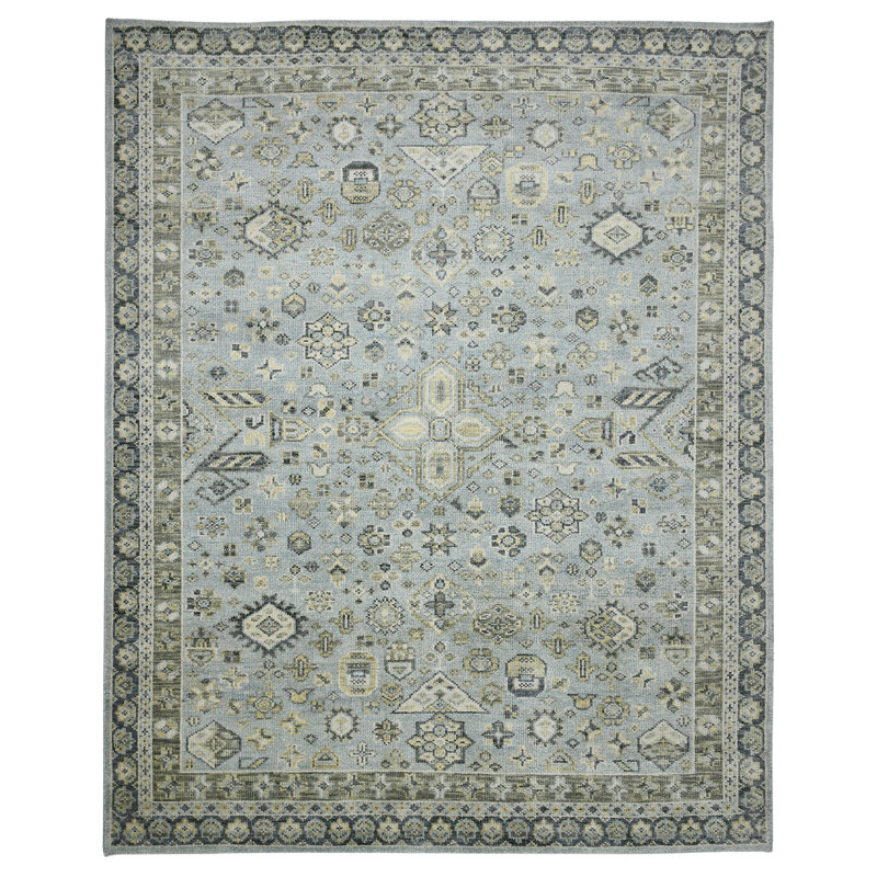 Tapis oriental bleu / gris en laine noué à la main Bushton, Rectangle de 10 pi x 14 pi