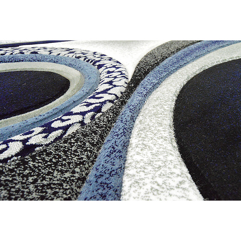 Tapis bleu marine / gris à motif abstrait Mccampbell, Rond 6 pi 6 po
