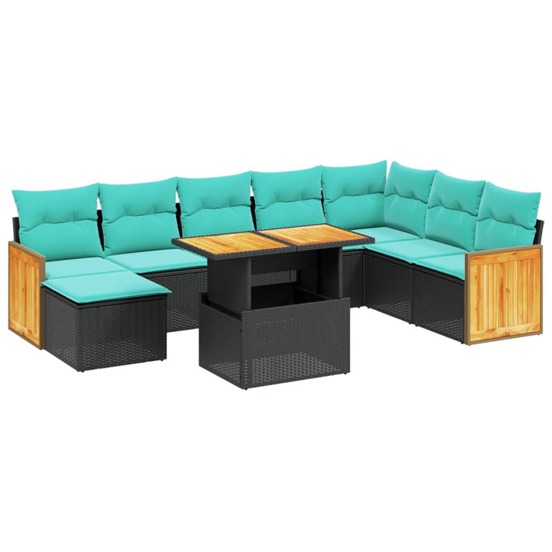  9 Piece Patio Sofa Set With Cushions Poly Rattan, Black, Green