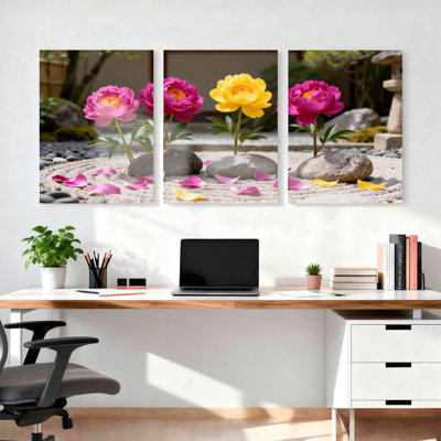Fleurs de pivoines et jardin zen, ensemble de 3 reproductions d'art sur toile tendues
