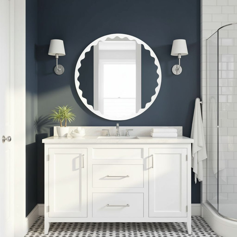 Miroir rond Santosh blanc brillant festonné, Blanc
