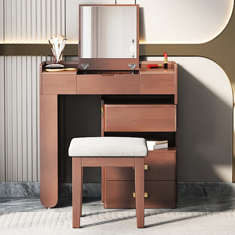 Coiffeuse en noyer 31 avec miroir caché, éclairage à DEL 3 couleurs et rangement rétractable pour l'organisation à domicile