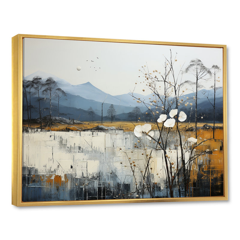 Minimalisme beige et bleu campagne IV - campagne, art mural, H 24 po x l 32 po x P 1 po, Cadre flottant doré