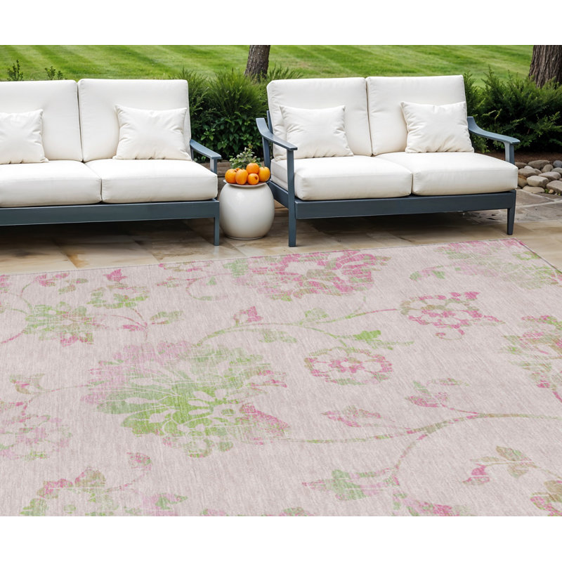 Tapis intérieur lavable floral 10 pi x 14 pi rose et vert artichaut