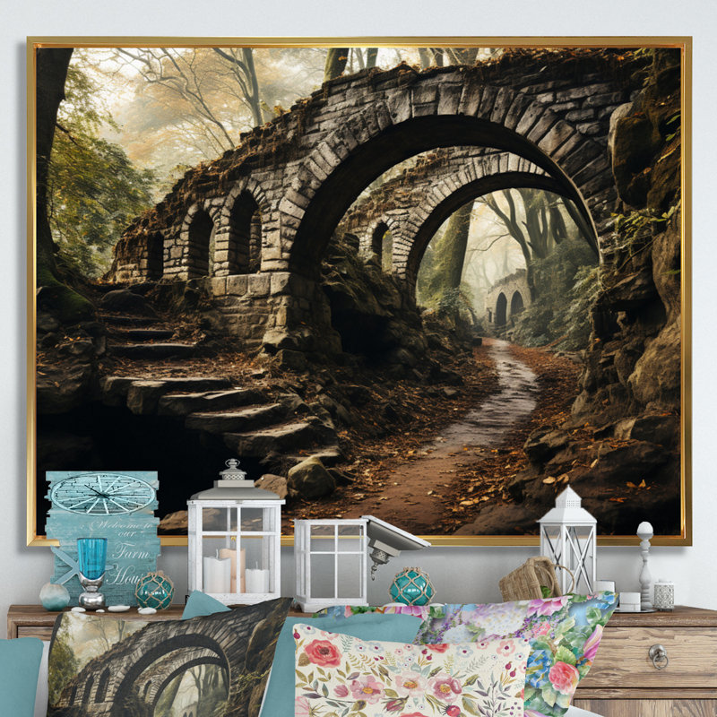 Maddilyn Gray Bridge, ardoise rustique arche II sur toile, Cadre flottant doré, 34" H x 44" W