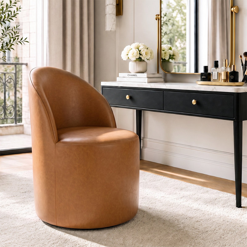 Fauteuil de coiffeuse pivotant en similicuir avec roulettes dissimulées, Brun