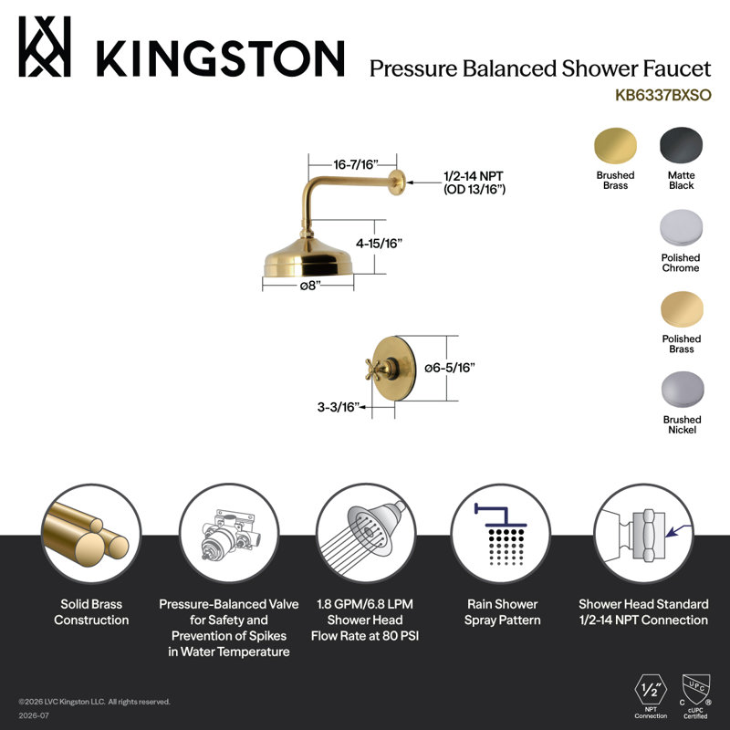 Kingston Brass Metropolitan Single-Handle Pressure Balanced Shower Faucet, Polished Brass