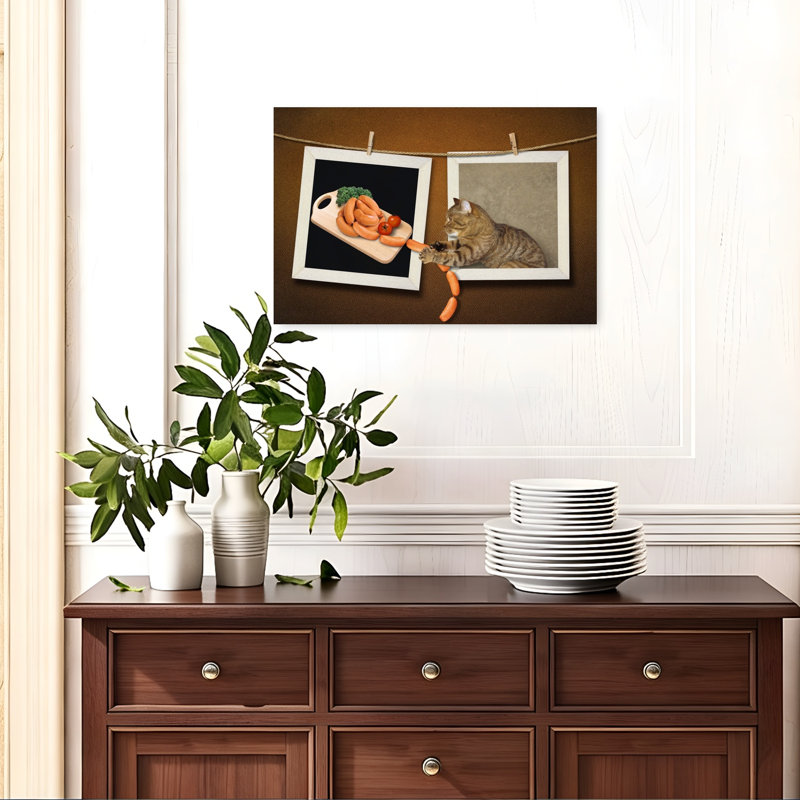 Cat Steals Sausages Playful Contemporary Cat Wall Art Print, 40.64cm H x 60.96cm W