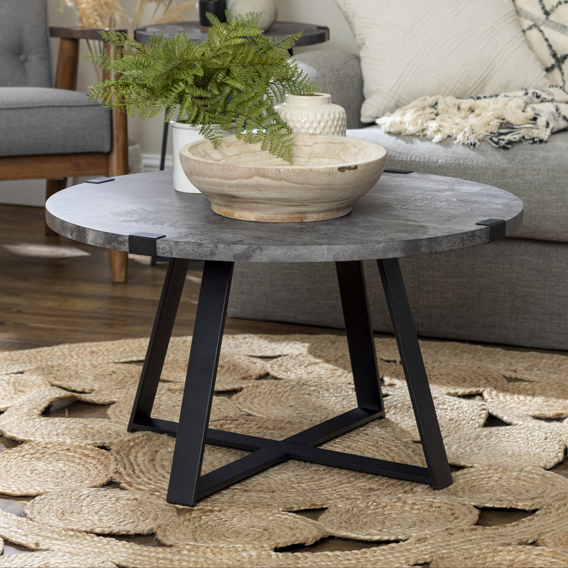 Table basse ronde à pieds croisés Paramus, Béton foncé, Noir