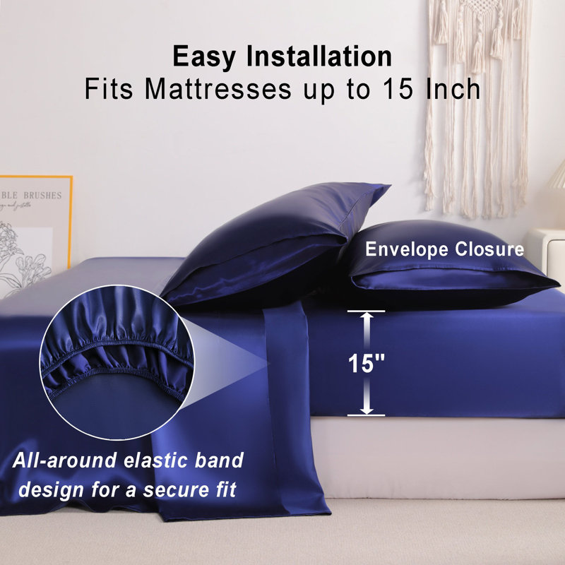 Ensemble de draps Lustrous, Ensemble de draps pour grand lit avec 2 taies d'or, Bleu marine