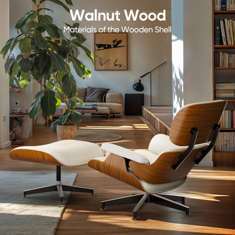 Swivel Accent Chair With Ottoman Lounge Chair, Light Walnut/White, 34'' H X 31.5'' W X 34.25'' D