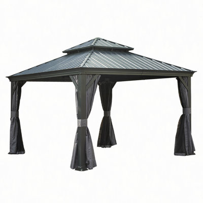 12'x12' Hardtop Gazebo Canopy,Outdoor Aluminum Gazebo with Galvanized Steel Double Roof,Permanent Gazebos with Drainage System,Curtain and Netting Included