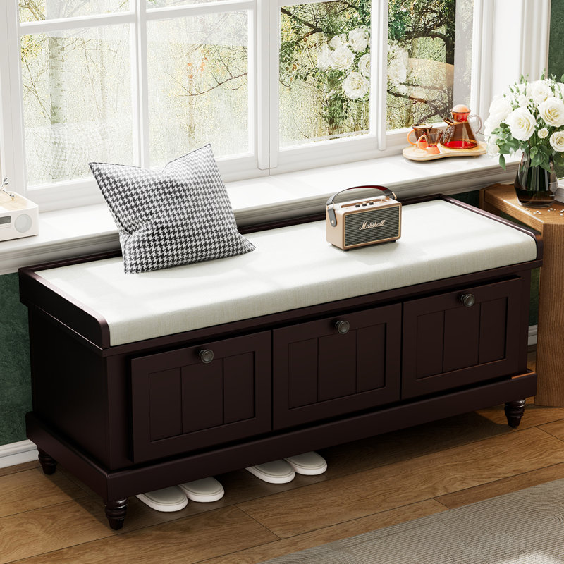 44" Wide Shoe Storage Bench With Cushion Entryway Bench Flip Top Storage Bench With Drawers, Brown