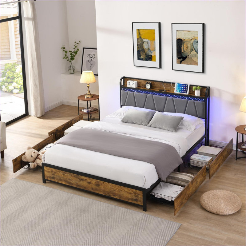 Classic Gray King Size Storage Platform Bed with Built-In Charging Station, LED Lights and 4 Drawers, MDF and Metal Construction