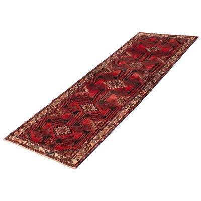 Tapis de couloir unique en laine noué à la main de style années 2000 de 3 pi 5 po x 9 pi 11 po rouge / bleu marine foncé / beige Amandia