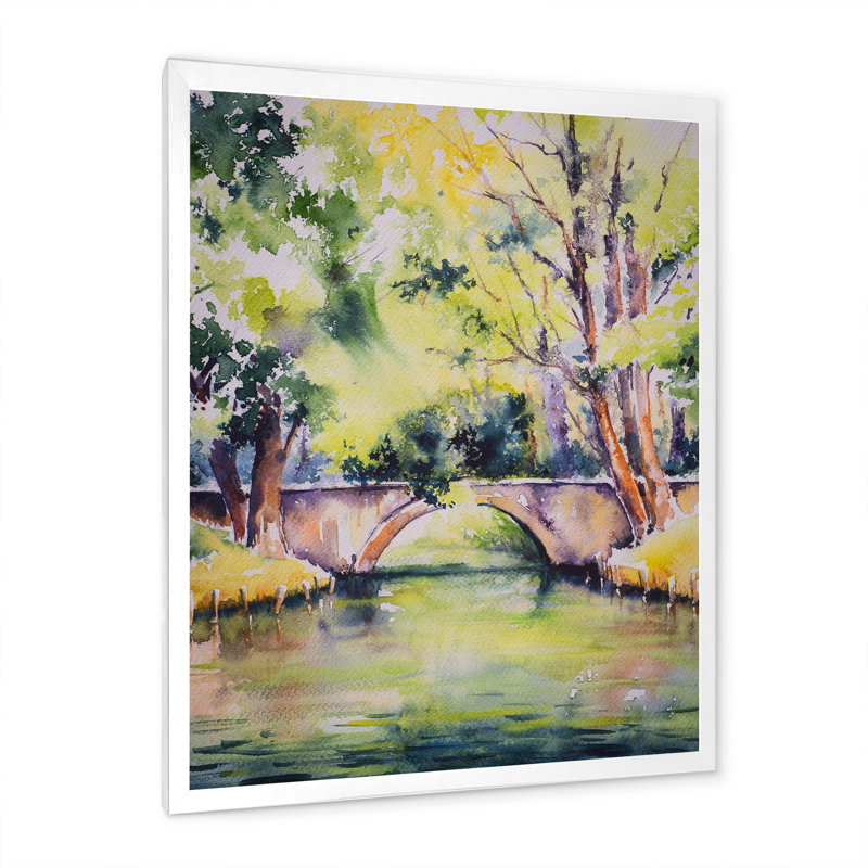 Pont sur la rivière dans un parc verdoyant - peinture sur toile, H 21,5 po x l 13,5 po, Cadre blanc