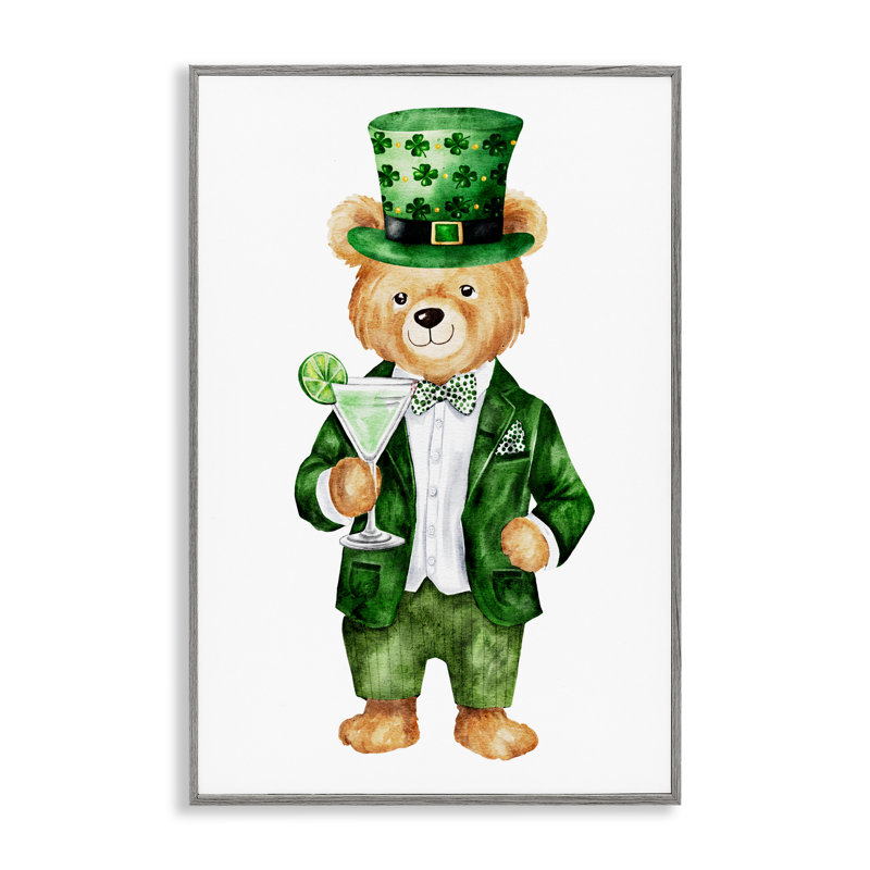 Giclée encadrée d'ours et de cocktail de la Saint-Patrick par Amy Hall, H 30 po x l 20 po, Estampe numérique Farmhouse