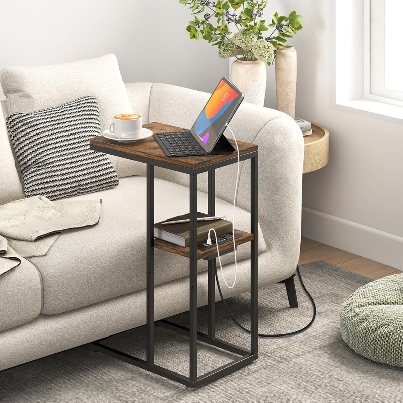 Leelo Shaped End Table with Charging Station for Living Room, Bedroom, Sofa Table with USB Ports and Outlets for Small Spaces, C Couch Rustic Snack Bed Table