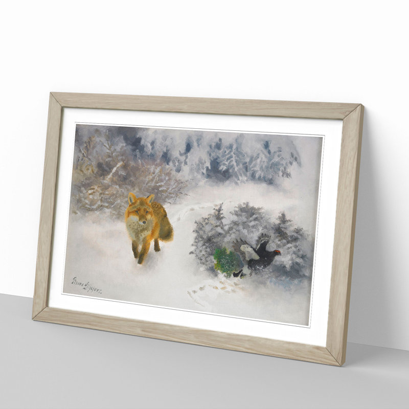 Fox and Black Grouse Cock by Bruno Liljefors - Picture Frame Painting, 27cm H x 36cm W x 2cm D, Oak Framed