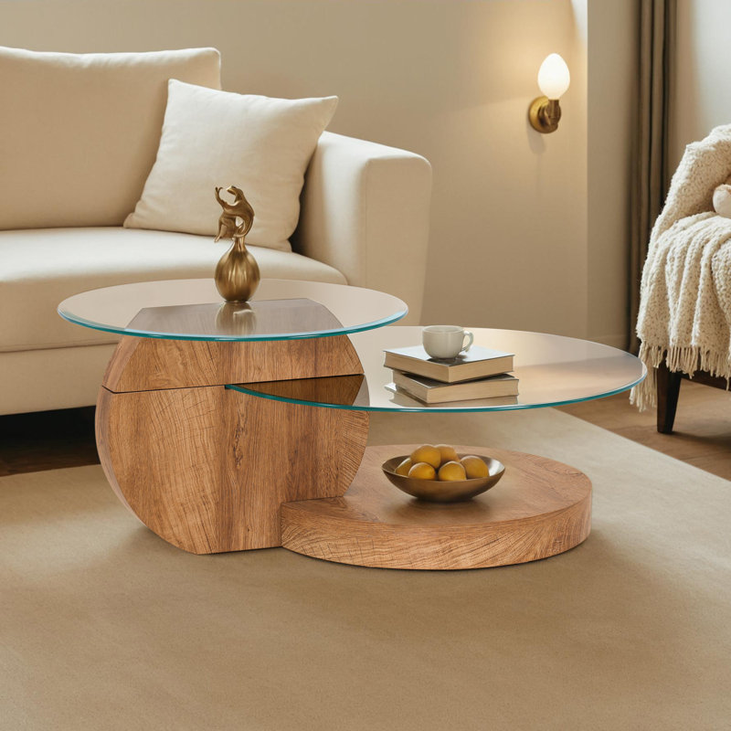 Modern Round Nesting Coffee Table with Diamond-Cut Edges Glass Top, Wood