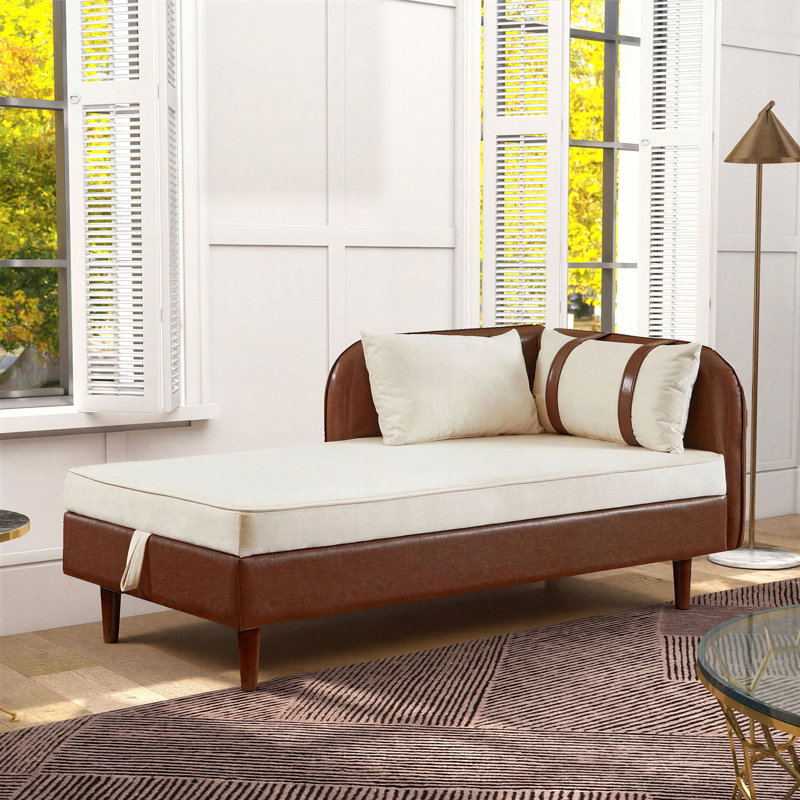 65" Storage Chaise Lounge Sofa Velvet;PU, Polyuréthane brun et velours beige